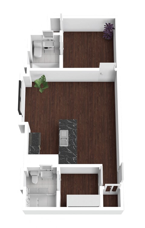 Floor plan for 1 bed, 2 baths, 610 sqft